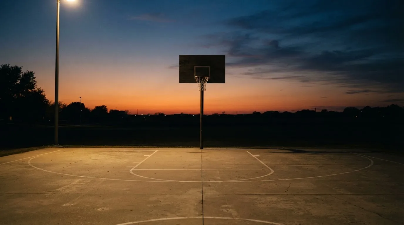Ein Basketballkorb auf einem leeren Freiplatz in der Abenddämmerung, das Netz bewegt sich leicht im Wind.