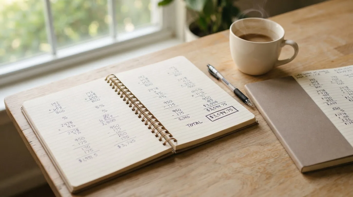 Ein Notizbuch mit handschriftlichen Rechnungen und ein Taschenrechner liegen auf einem hellen Schreibtisch neben einer Kaffeetasse.