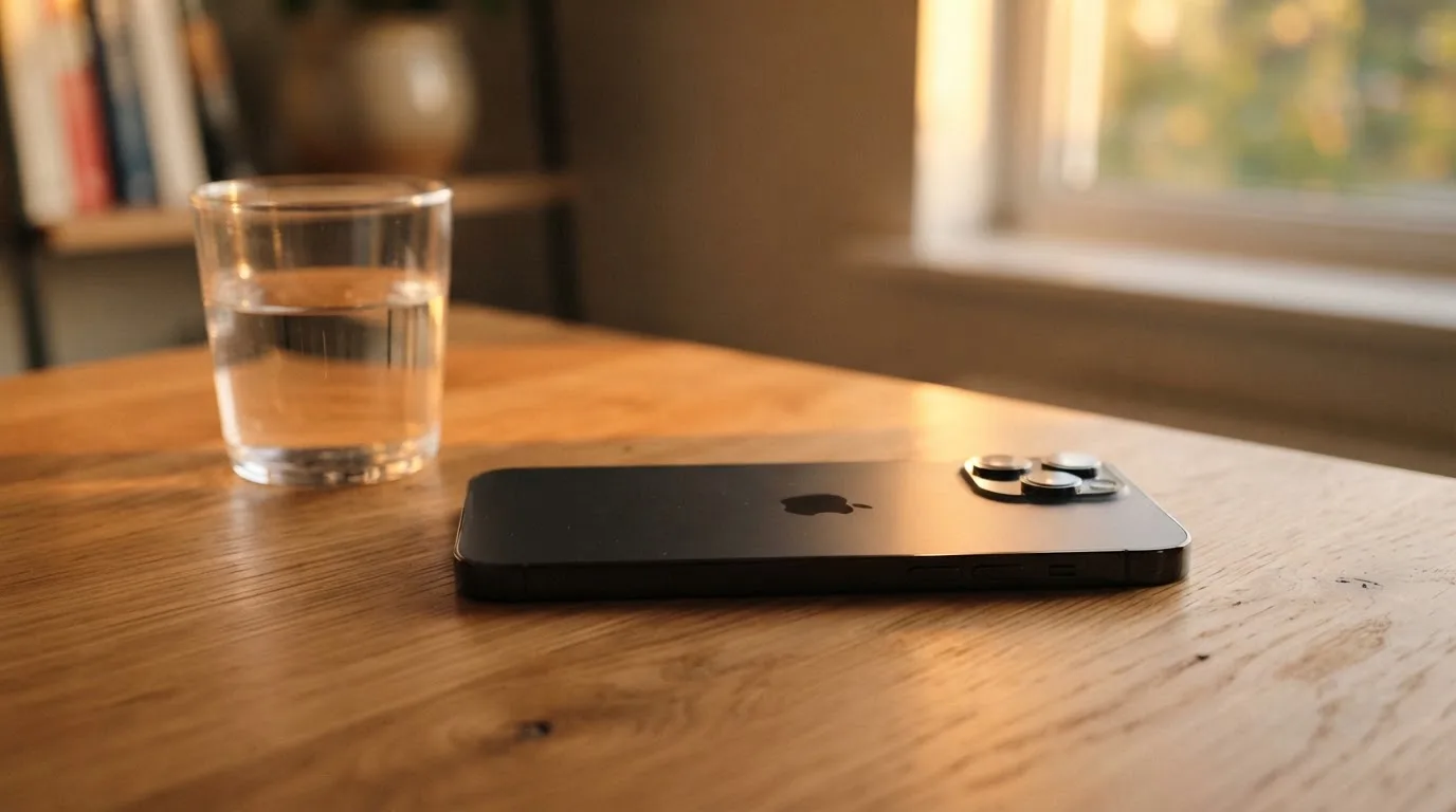 Ein Smartphone liegt mit dem Display nach unten auf einem Holztisch neben einem Glas Wasser, Abendlicht fällt durch ein Fenster.