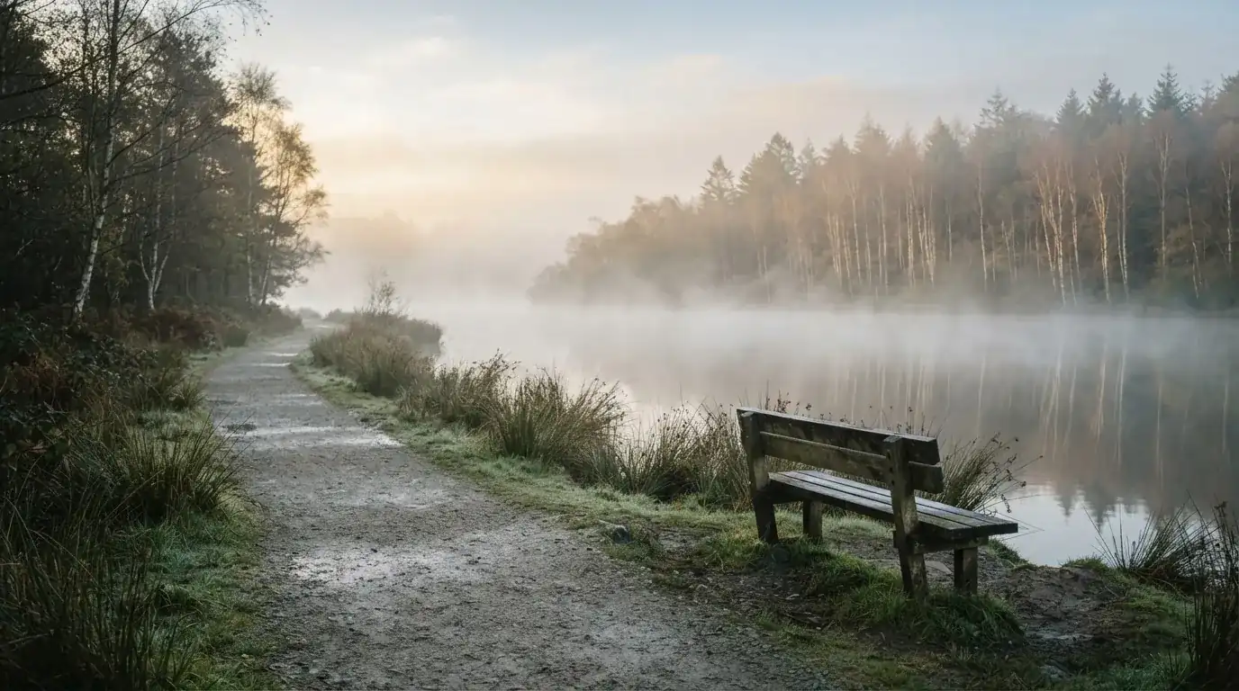 Ein stiller Uferweg am See bei Sonnenaufgang, Nebel über dem Wasser und eine leere Holzbank am Ufer.