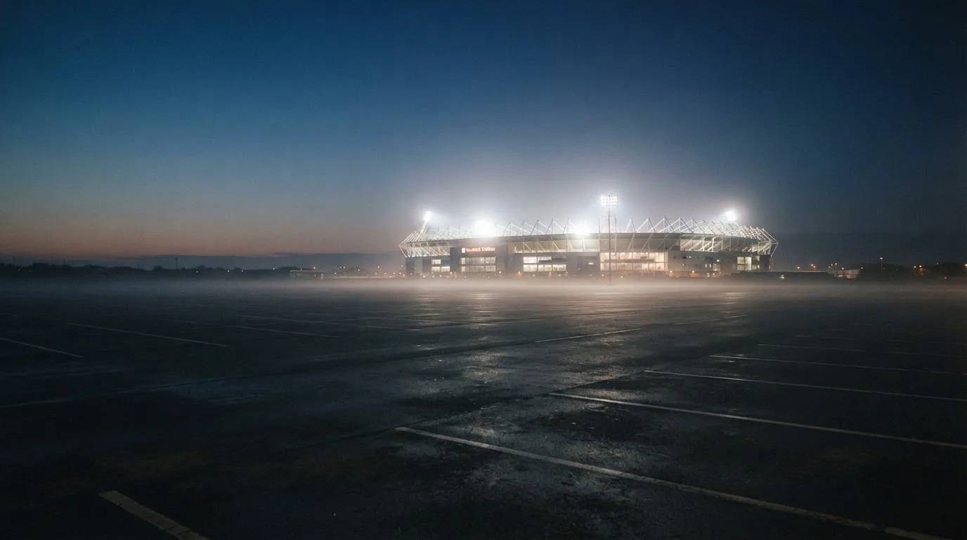 Ein Stadion unter Flutlicht aus großer Entfernung, davor ein dunkler Parkplatz mit leichtem Dunst über dem Asphalt.
